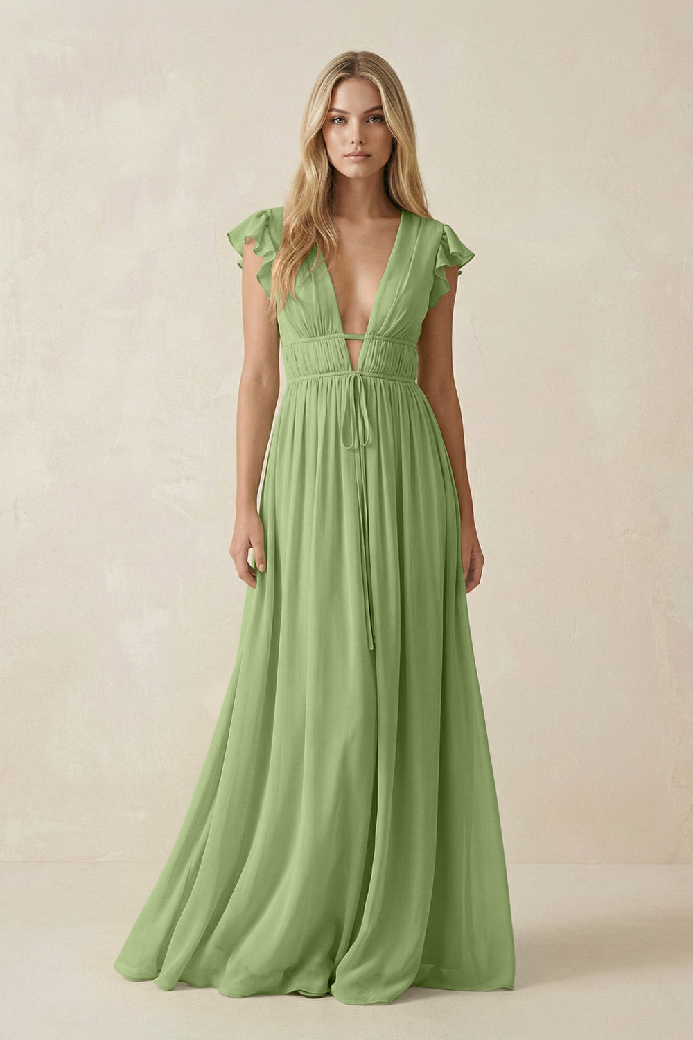 V - Neck A - Line Chiffon Cap Sleeves Bridesmaid Dress in Matcha - KissProm Bridesmaid Dresses