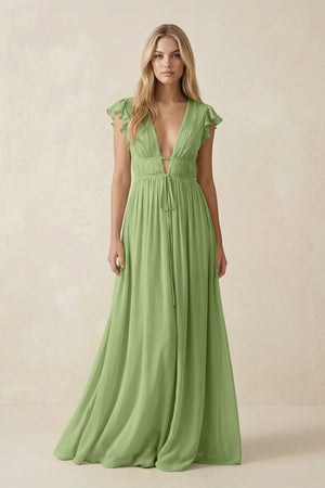 V - Neck A - Line Chiffon Cap Sleeves Bridesmaid Dress in Matcha - KissProm Bridesmaid Dresses