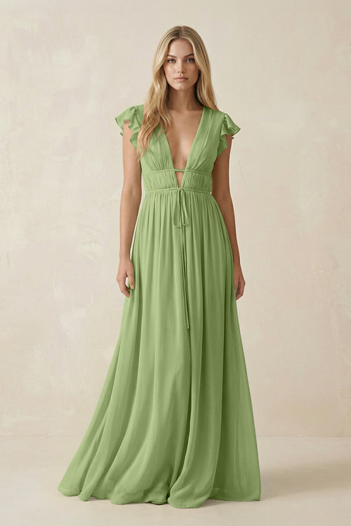V - Neck A - Line Chiffon Cap Sleeves Bridesmaid Dress in Matcha - KissProm Bridesmaid Dresses