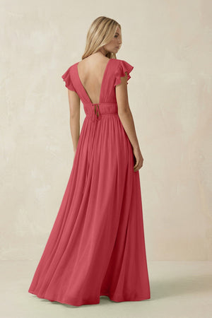 V - Neck A - Line Chiffon Cap Sleeves Bridesmaid Dress in Merlot - KissProm Bridesmaid Dresses