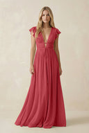 V - Neck A - Line Chiffon Cap Sleeves Bridesmaid Dress in Merlot - KissProm Bridesmaid Dresses