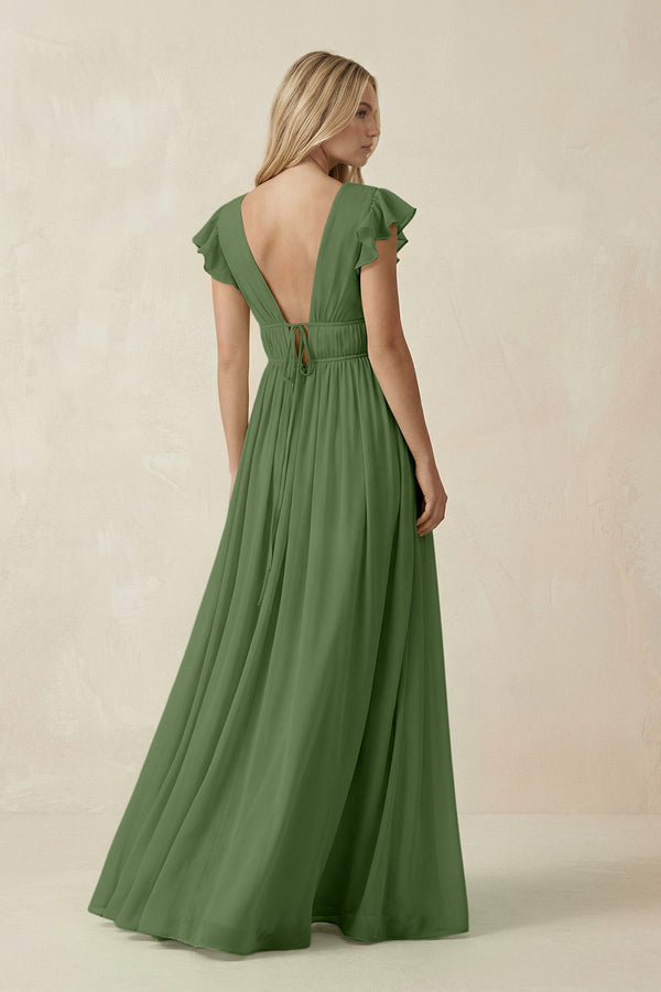 KissProm V-Neck A-Line Chiffon Cap Sleeves Bridesmaid Dress in Moss, Moss / 14
