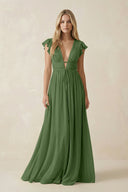 V - Neck A - Line Chiffon Cap Sleeves Bridesmaid Dress in Moss - KissProm Bridesmaid Dresses