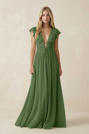 V - Neck A - Line Chiffon Cap Sleeves Bridesmaid Dress in Moss - KissProm Bridesmaid Dresses