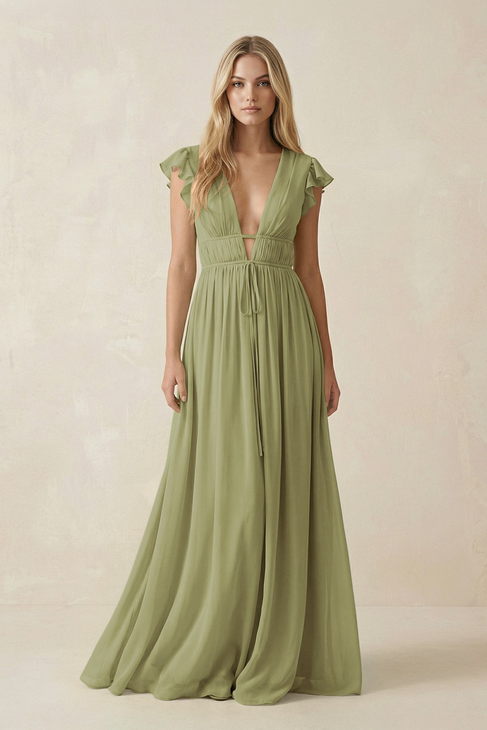 V - Neck A - Line Chiffon Cap Sleeves Bridesmaid Dress in Moss Green - KissProm Bridesmaid Dresses