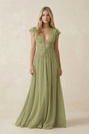 V - Neck A - Line Chiffon Cap Sleeves Bridesmaid Dress in Moss Green - KissProm Bridesmaid Dresses