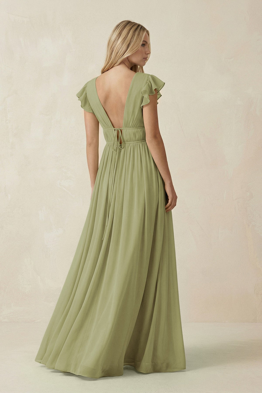 V - Neck A - Line Chiffon Cap Sleeves Bridesmaid Dress in Moss Green - KissProm Bridesmaid Dresses