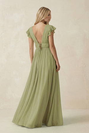 V - Neck A - Line Chiffon Cap Sleeves Bridesmaid Dress in Moss Green - KissProm Bridesmaid Dresses