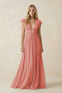 V - Neck A - Line Chiffon Cap Sleeves Bridesmaid Dress in Mulberry - KissProm Bridesmaid Dresses