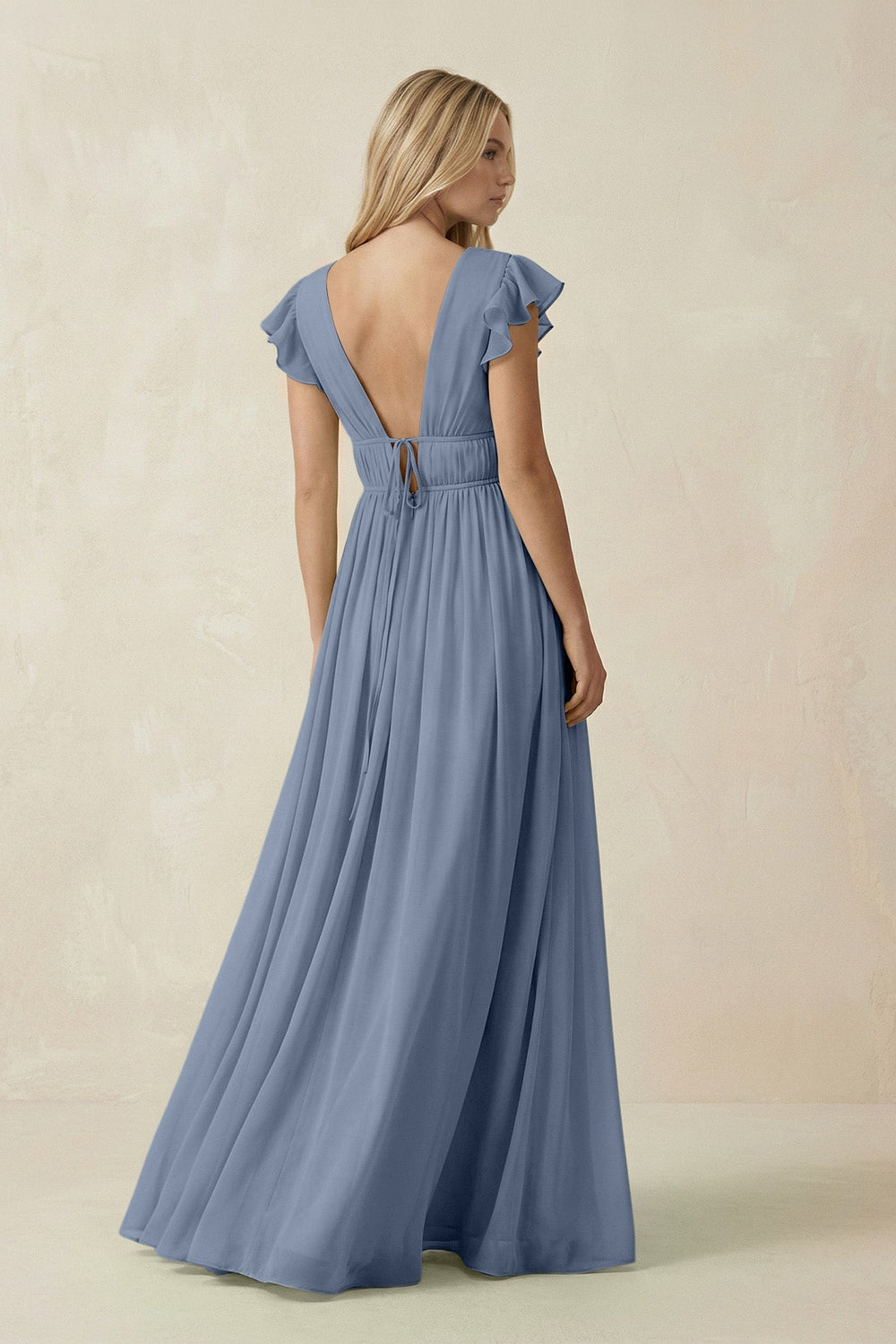 V - Neck A - Line Chiffon Cap Sleeves Bridesmaid Dress in Neptune - KissProm Bridesmaid Dresses