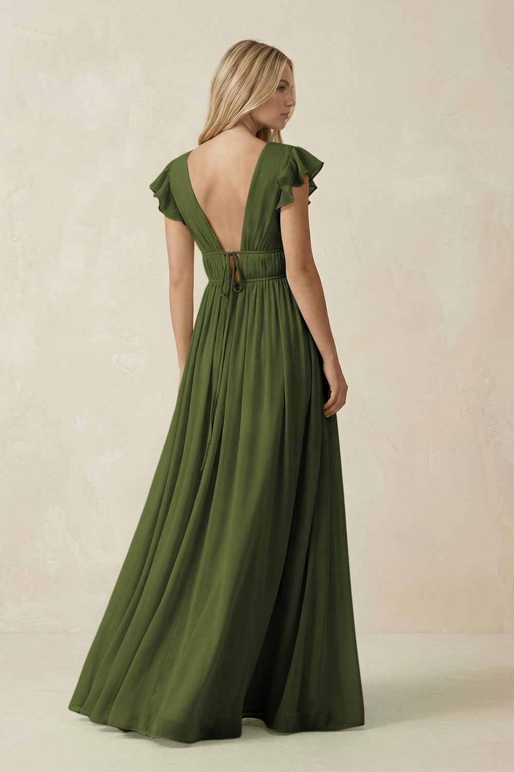 V-Neck A-Line Chiffon Cap Sleeves Bridesmaid Dress in Olive