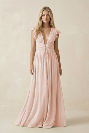 V - Neck A - Line Chiffon Cap Sleeves Bridesmaid Dress in Pale Blush - KissProm Bridesmaid Dresses