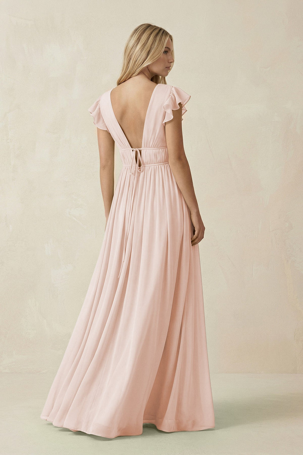 V - Neck A - Line Chiffon Cap Sleeves Bridesmaid Dress in Pale Blush - KissProm Bridesmaid Dresses