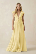 V - Neck A - Line Chiffon Cap Sleeves Bridesmaid Dress in Pastel Yellow - KissProm Bridesmaid Dresses