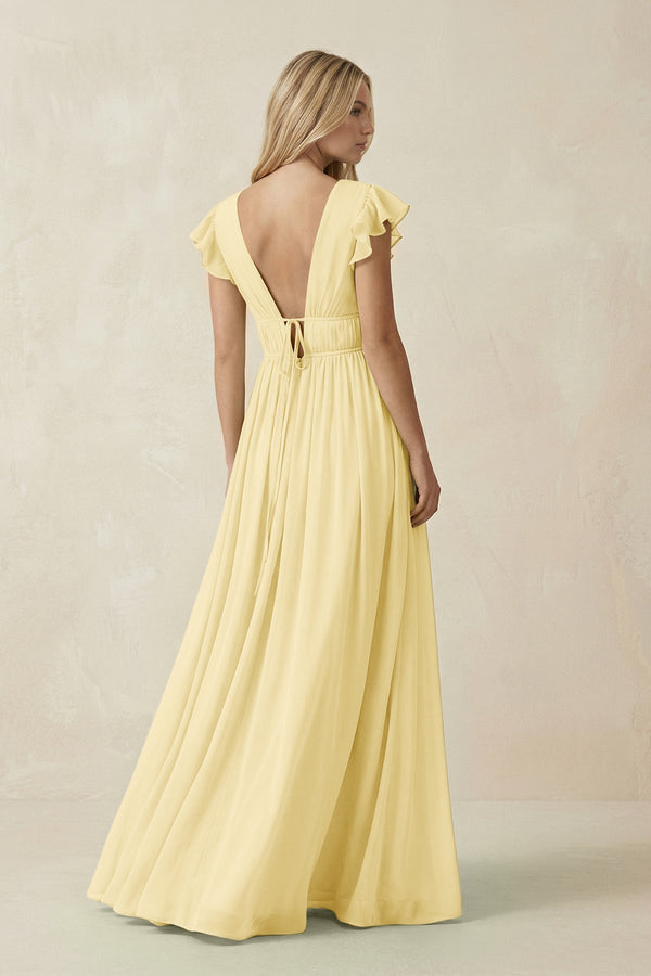 V - Neck A - Line Chiffon Cap Sleeves Bridesmaid Dress in Pastel Yellow - KissProm Bridesmaid Dresses