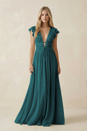 V - Neck A - Line Chiffon Cap Sleeves Bridesmaid Dress in Pine - KissProm Bridesmaid Dresses