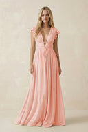 V - Neck A - Line Chiffon Cap Sleeves Bridesmaid Dress in Rose Petal - KissProm Bridesmaid Dresses