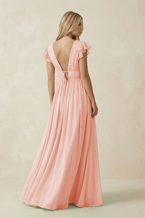 V - Neck A - Line Chiffon Cap Sleeves Bridesmaid Dress in Rose Petal - KissProm Bridesmaid Dresses
