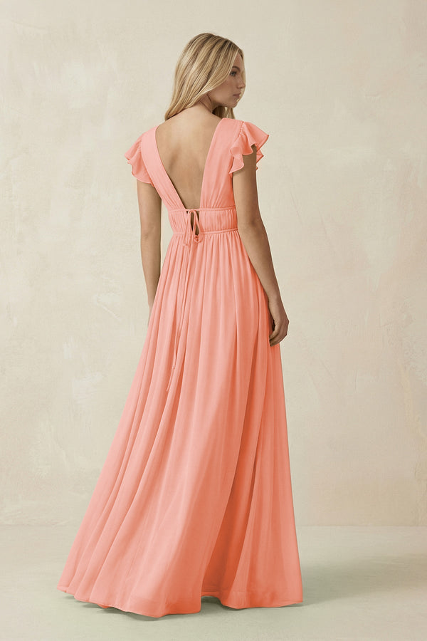 V - Neck A - Line Chiffon Cap Sleeves Bridesmaid Dress in Rosette - KissProm Bridesmaid Dresses