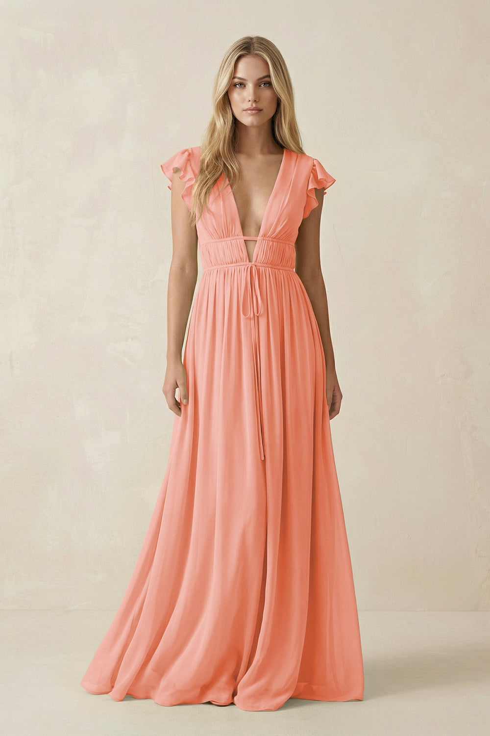 V - Neck A - Line Chiffon Cap Sleeves Bridesmaid Dress in Rosette - KissProm Bridesmaid Dresses