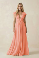 V - Neck A - Line Chiffon Cap Sleeves Bridesmaid Dress in Rosette - KissProm Bridesmaid Dresses
