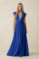 V - Neck A - Line Chiffon Cap Sleeves Bridesmaid Dress in Royal Blue - KissProm Bridesmaid Dresses