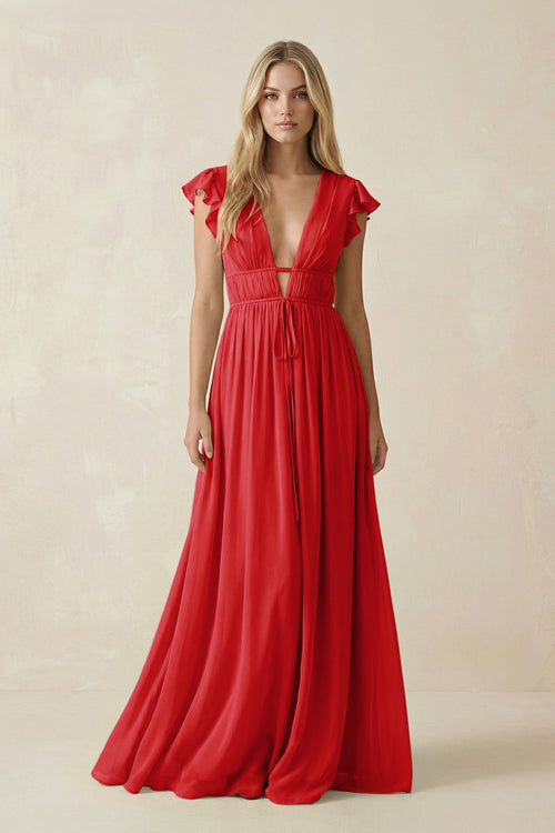 V - Neck A - Line Chiffon Cap Sleeves Bridesmaid Dress in Ruby Red - KissProm Bridesmaid Dresses