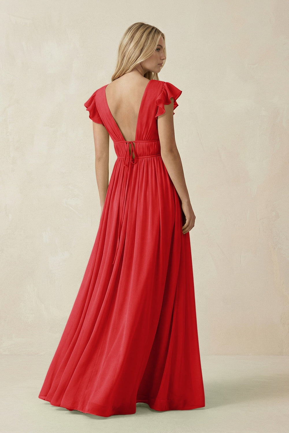 V - Neck A - Line Chiffon Cap Sleeves Bridesmaid Dress in Ruby Red - KissProm Bridesmaid Dresses