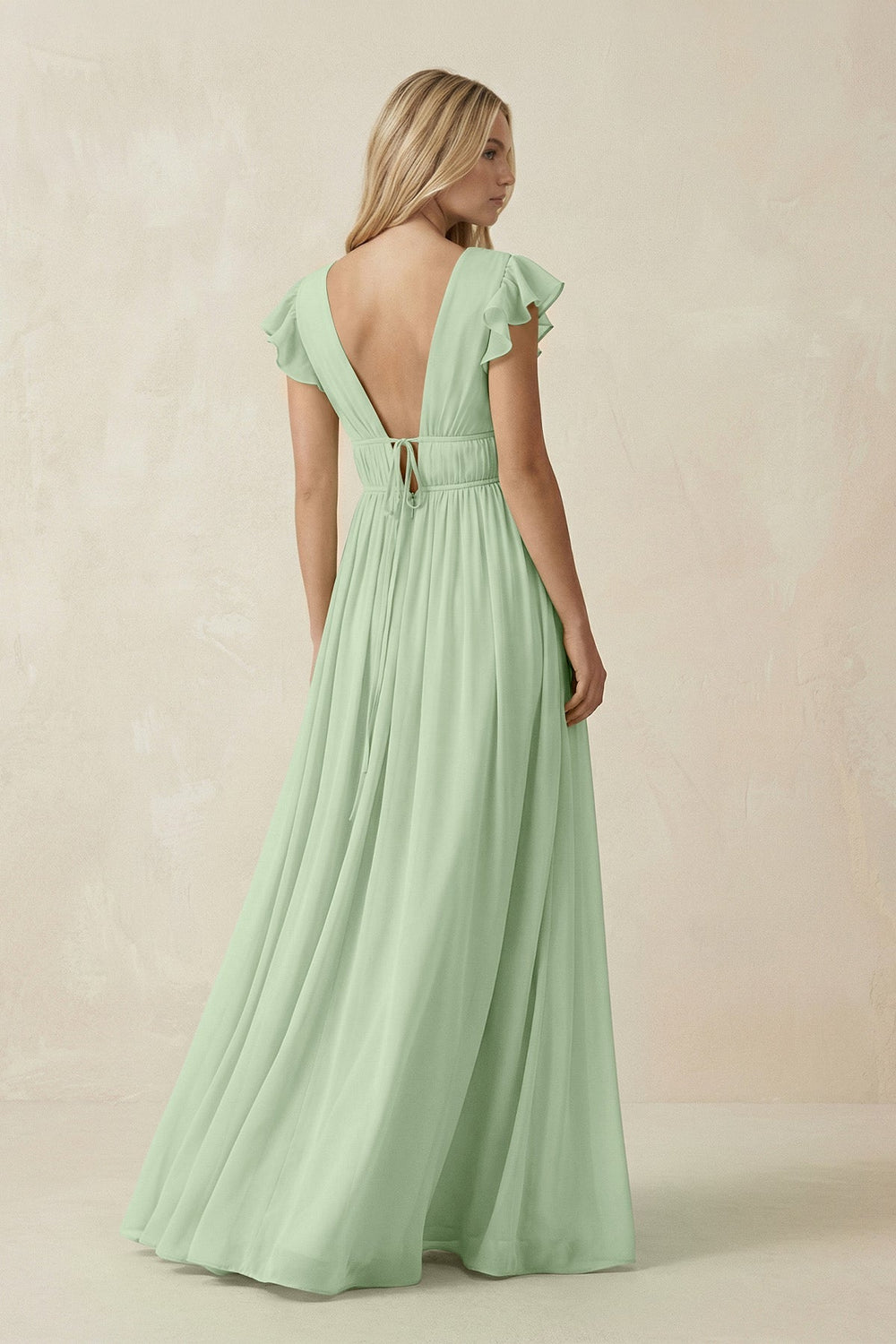 V - Neck A - Line Chiffon Cap Sleeves Bridesmaid Dress in Sage - KissProm Bridesmaid Dresses