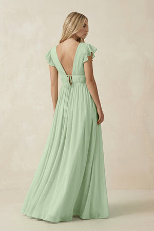 V - Neck A - Line Chiffon Cap Sleeves Bridesmaid Dress in Sage - KissProm Bridesmaid Dresses