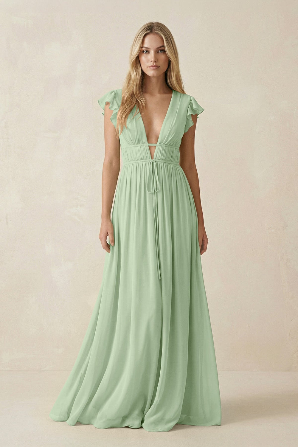 V - Neck A - Line Chiffon Cap Sleeves Bridesmaid Dress in Sage - KissProm Bridesmaid Dresses