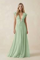 V - Neck A - Line Chiffon Cap Sleeves Bridesmaid Dress in Sage - KissProm Bridesmaid Dresses