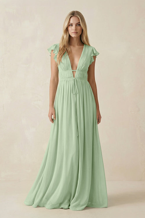 V - Neck A - Line Chiffon Cap Sleeves Bridesmaid Dress in Sage - KissProm Bridesmaid Dresses