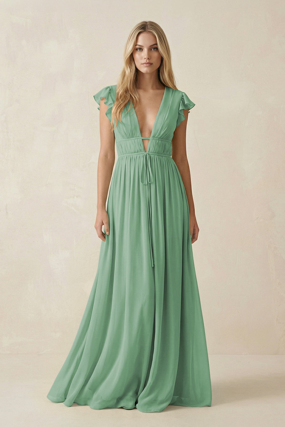 V - Neck A - Line Chiffon Cap Sleeves Bridesmaid Dress in Sea Glass - KissProm Bridesmaid Dresses