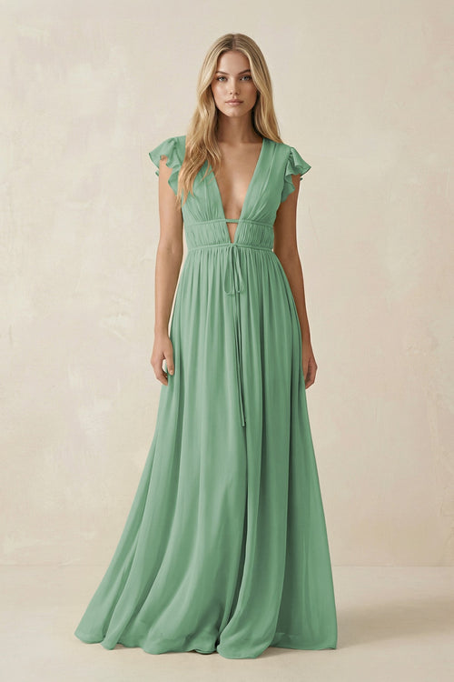 V - Neck A - Line Chiffon Cap Sleeves Bridesmaid Dress in Sea Glass - KissProm Bridesmaid Dresses