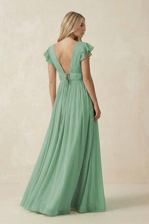 V - Neck A - Line Chiffon Cap Sleeves Bridesmaid Dress in Sea Glass - KissProm Bridesmaid Dresses