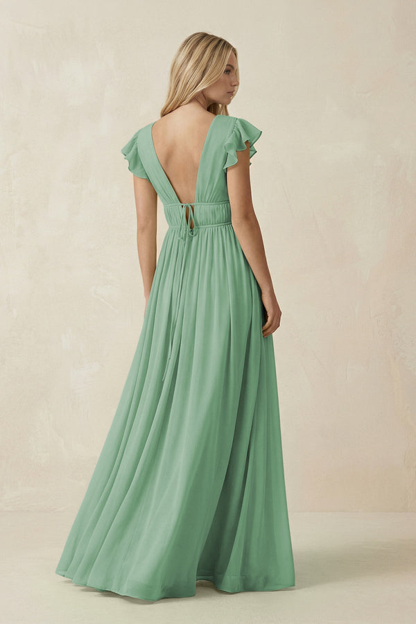 V - Neck A - Line Chiffon Cap Sleeves Bridesmaid Dress in Sea Glass - KissProm Bridesmaid Dresses