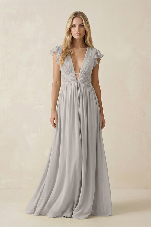 V-Neck A-Line Chiffon Cap Sleeves Bridesmaid Dress in Silver