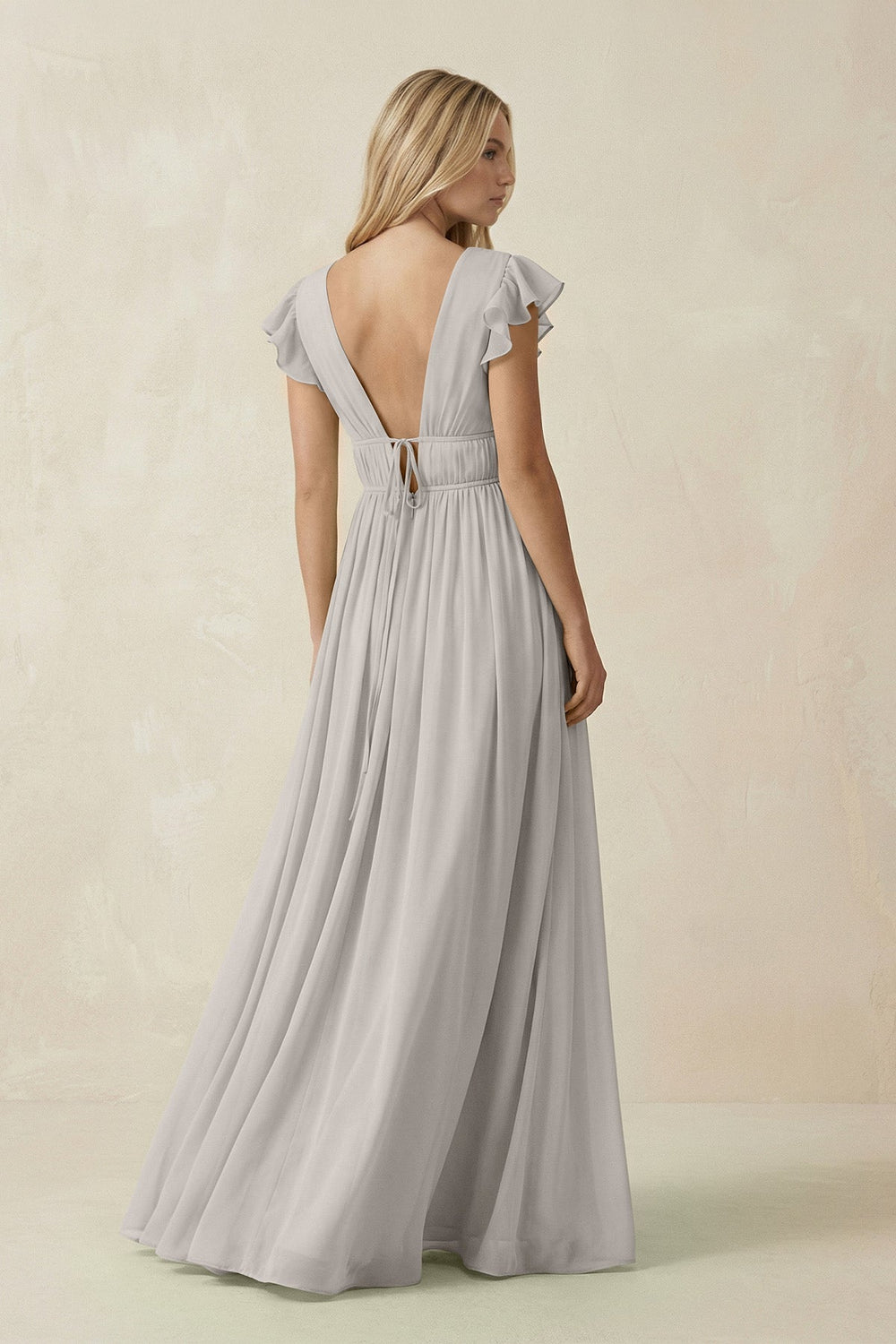 V - Neck A - Line Chiffon Cap Sleeves Bridesmaid Dress in Silver - KissProm Bridesmaid Dresses