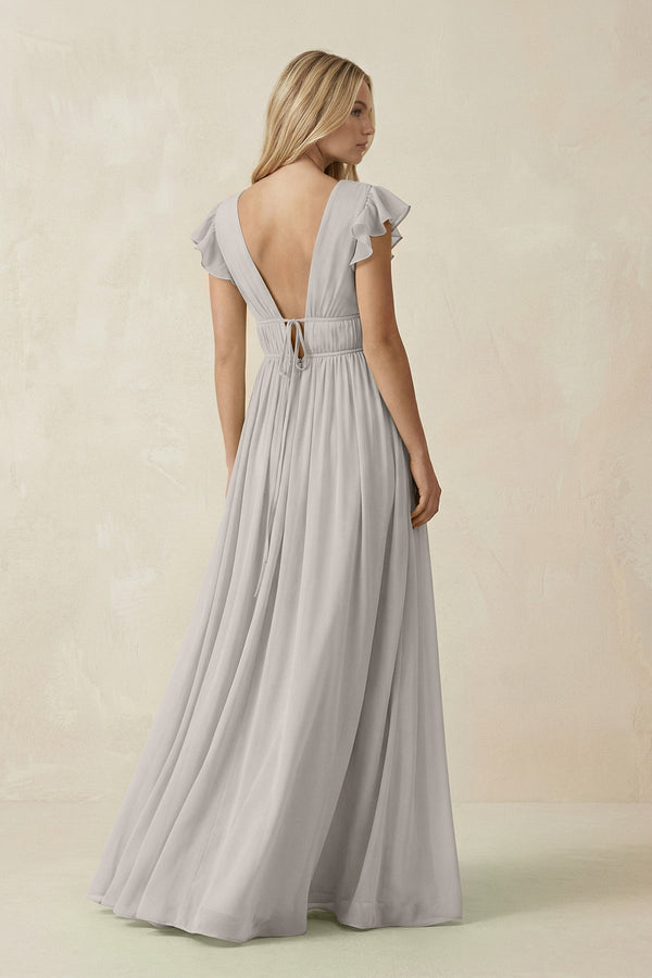 V - Neck A - Line Chiffon Cap Sleeves Bridesmaid Dress in Silver - KissProm Bridesmaid Dresses