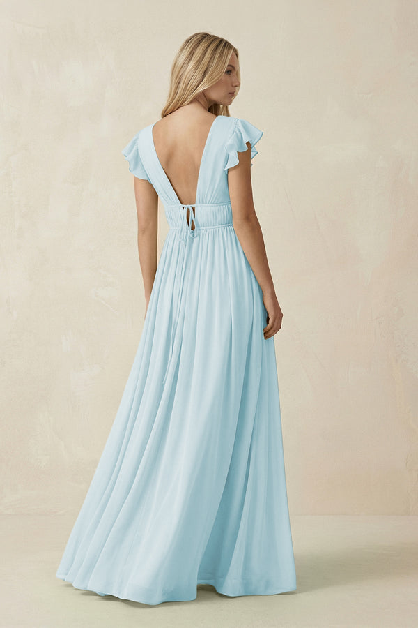 V - Neck A - Line Chiffon Cap Sleeves Bridesmaid Dress in Sky Blue - KissProm Bridesmaid Dresses