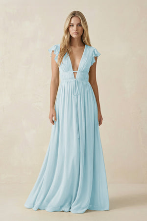 V - Neck A - Line Chiffon Cap Sleeves Bridesmaid Dress in Sky Blue - KissProm Bridesmaid Dresses