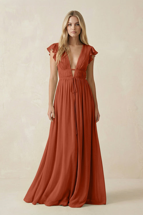 KissProm V-Neck A-Line Chiffon Cap Sleeves Bridesmaid Dress in Spice, Spice / 22