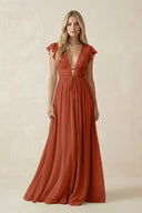 V - Neck A - Line Chiffon Cap Sleeves Bridesmaid Dress in Spice - KissProm Bridesmaid Dresses