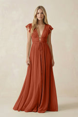 V - Neck A - Line Chiffon Cap Sleeves Bridesmaid Dress in Spice - KissProm Bridesmaid Dresses