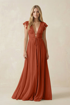 V - Neck A - Line Chiffon Cap Sleeves Bridesmaid Dress in Spice - KissProm Bridesmaid Dresses