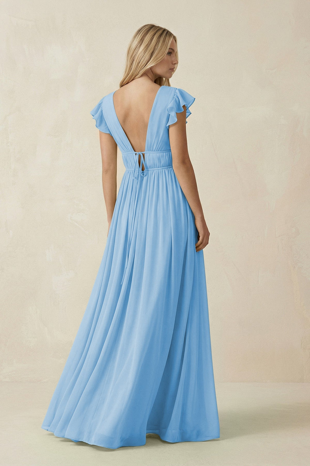 V - Neck A - Line Chiffon Cap Sleeves Bridesmaid Dress in Steel Blue - KissProm Bridesmaid Dresses