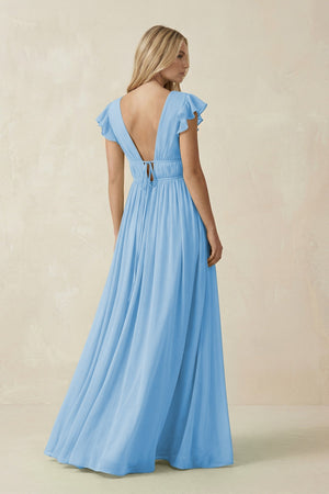V - Neck A - Line Chiffon Cap Sleeves Bridesmaid Dress in Steel Blue - KissProm Bridesmaid Dresses
