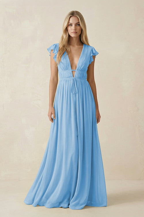 KissProm V-Neck A-Line Chiffon Cap Sleeves Bridesmaid Dress in Steel Blue, Steel Blue / 12