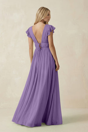 V - Neck A - Line Chiffon Cap Sleeves Bridesmaid Dress in Tahiti - KissProm Bridesmaid Dresses